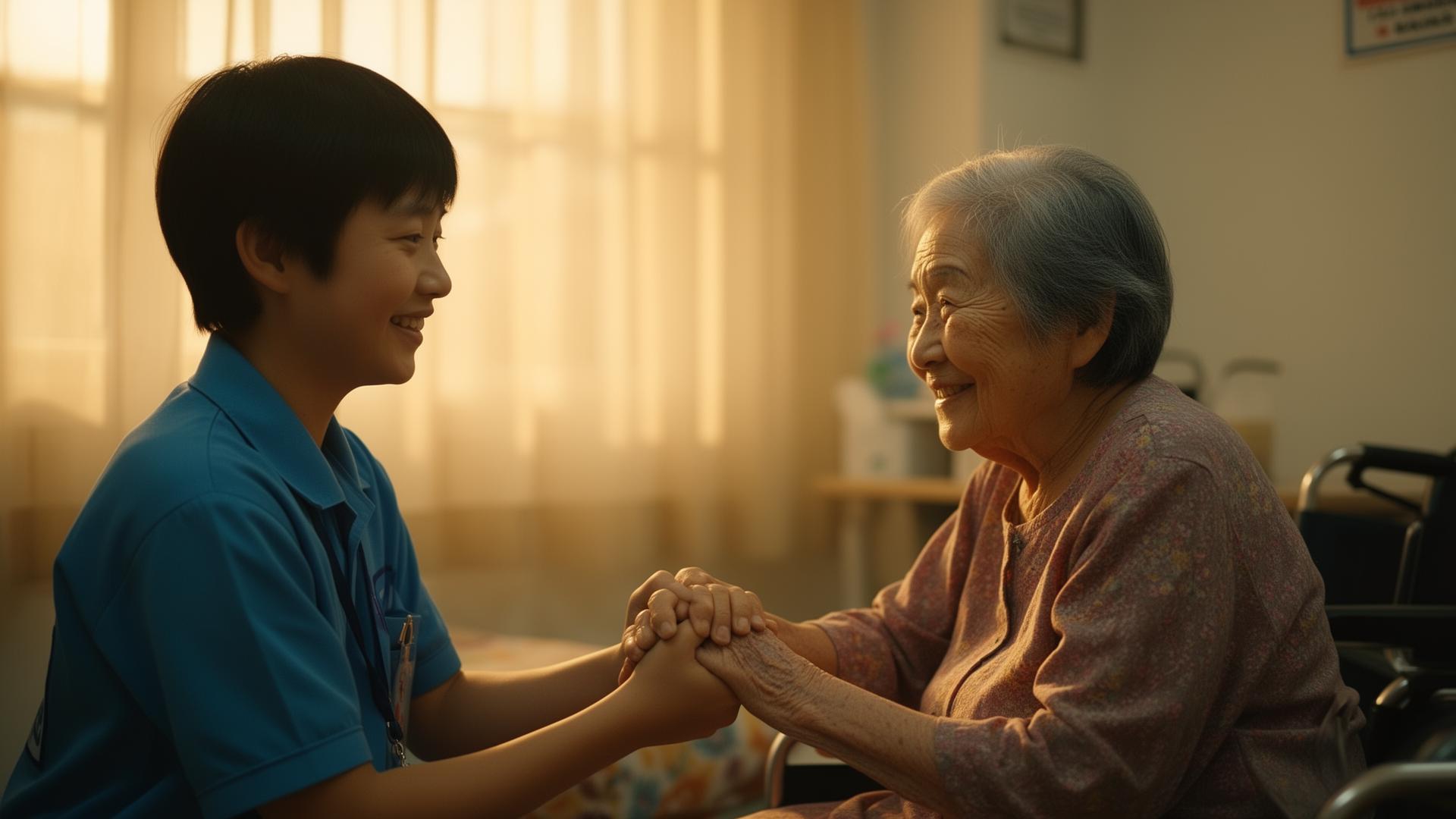 A young volunteer holding hands with an elderly woman